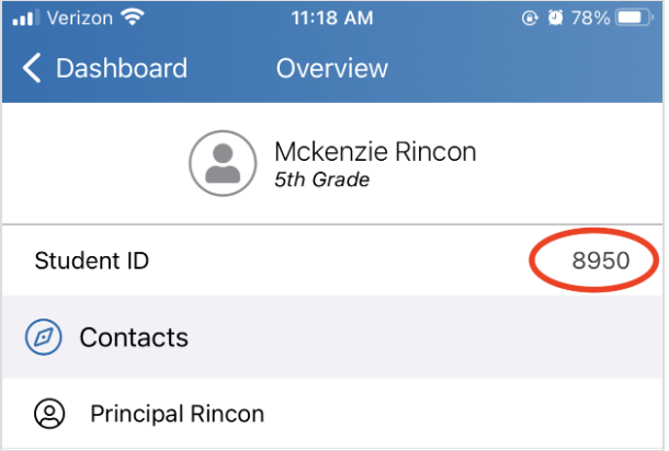 Student ID will appear under your child's name.